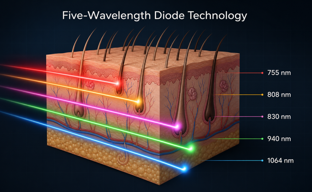 Conceptual illustration. Energy distribution and penetration vary according to wavelength, device configuration and treatment parameters.